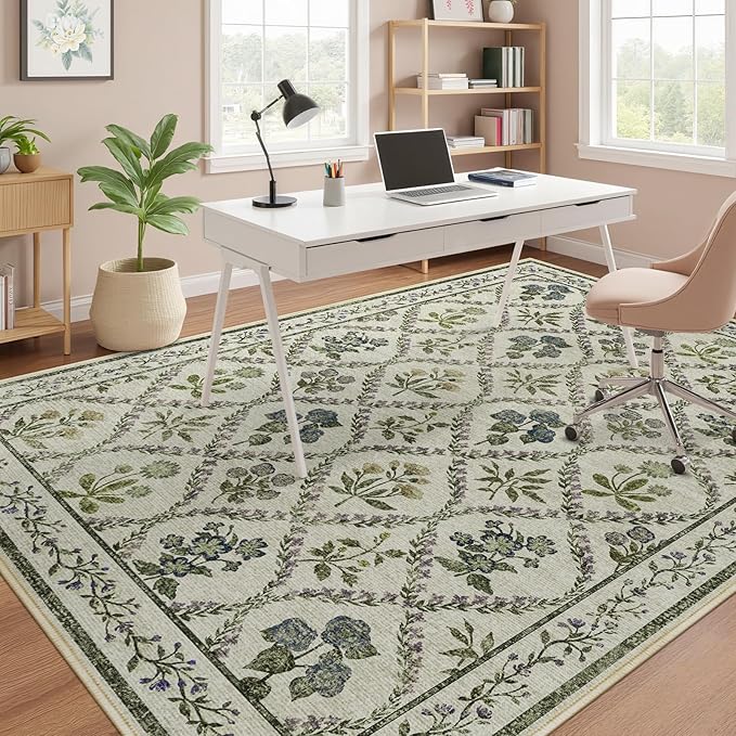 Floral Rugs for Girls, 5x7 Boho Washable Area Rug for Living Room, Cute Ultra-Thin Non Slip Indoor Decor Carpet for Nursery Kids Room Bedroom Playroom, Ivory Multi