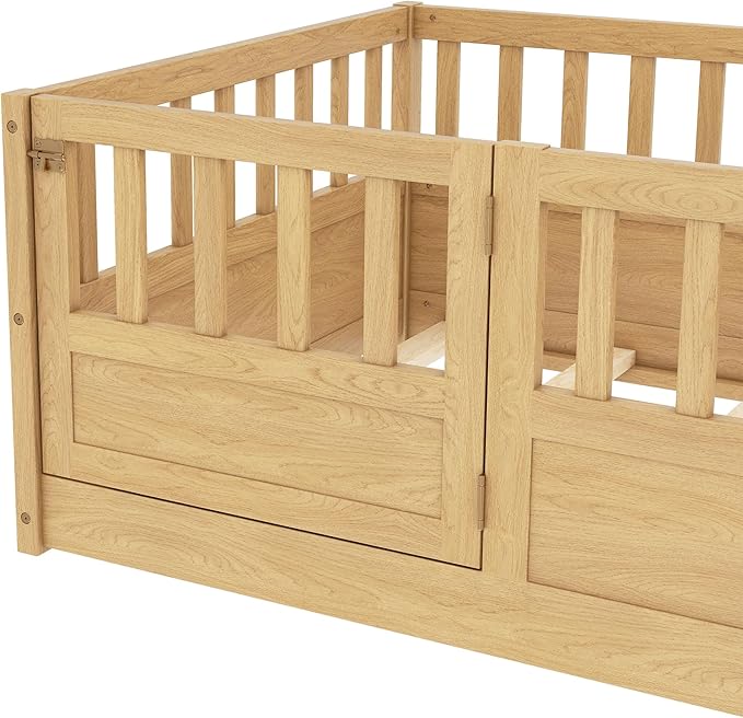 Bellemave Twin Floor Bed with Slats and High Fence, Twin Size Montessori Floor Beds with Door, No Box Spring Needed, Easy Assemble Montessori Bed Frame(Natural Twin)