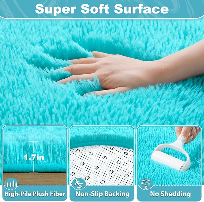 EVOIONOS Teal Blue Round Rug for Bedroom, 5x5 Ft Fluffy Soft Circle Area Rugs for Living Room, Plush Shaggy Circular Carpet for Indoor Floor Bedside Kids Nursery, Machine-Washable Home Decor Aesthetic