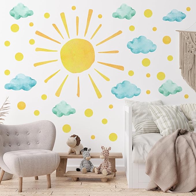 clothmile Sun and Clouds Wall Decals Polka Dots Decal Watercolor Boho Sun Wall Decals Peel and Stick, PVC Sunrise Wall Stickers Sunshine Wall Art Decor for Kids Room Playroom Nursery Bedroom