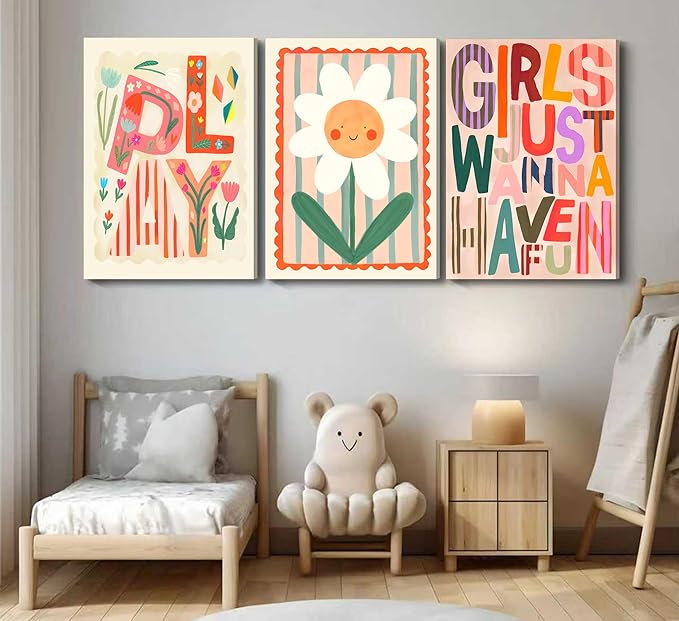 Boho Floral Sun Nursery Wall Art Girls Just Wanna Have Fun Positivity Affirmation Rainbow Print Playroom Classroom Counseling Office wall decor Play Poster for Kids Bedroom, 12x16 Inch, Set of 3