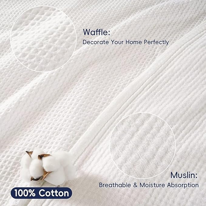 PHF 100% Cotton Waffle Muslin Blanket King Size, 104" x 90" Lightweight and Breathable Washed Cotton Blanket, Aesthetic Soft Muslin Waffle Bedding for Sofa Bed Home Decor, White