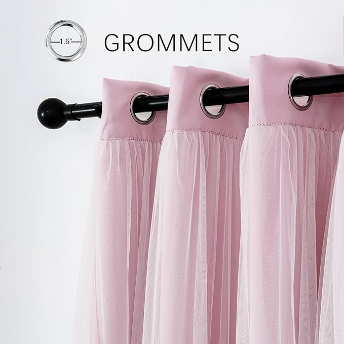 INLINAS Pale Pink Blackout Curtains with Sheer Overlay - Grommet Top Thermal and Noise Reduction Panels for Bedroom and Living Room Light Blocking and Energy Saving, 52 x 63 Inches, Set of 2