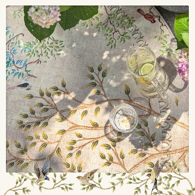 jinchan Yarden Round Rugs 8ft Beige Botanical Birds Print Machine Washable 8' Circle Nature Plants Modern Soft Non Slip Kids Throw Area Rugs Ultra Thin Low Pile Carpet for Living Room Bedroom