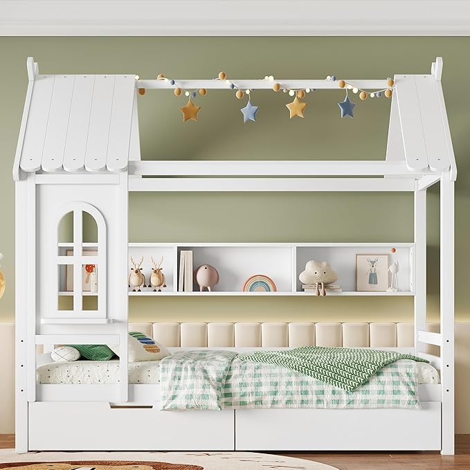 MERITLINE Twin Size House Bed with Storage Drawers & Window, Solid Wood Platform Bed Frame with Shelves, No Spring Box Needed, Childlike Design for Kids, Girls, Boys, Light White