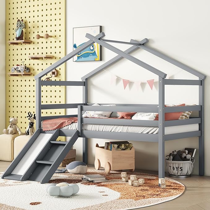 Twin Size Low Loft Bed with Slide and Ladder for Kids Boys Girls, Solid Wood House Roof Loft Bed Frame with Safety Guardrails, Sturdy Slat Support (Grey-50)