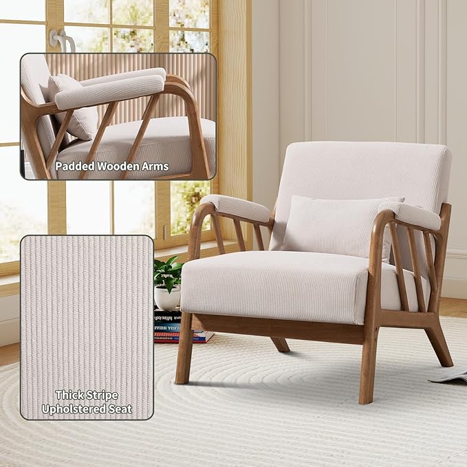 Mid Century Modern Accent Chair with Solid Wood Frame, Upholstered Living Room Chairs with Lumbar Cushion Padded Arms, Reading Armchair for Bedroom Set of 2, Beige