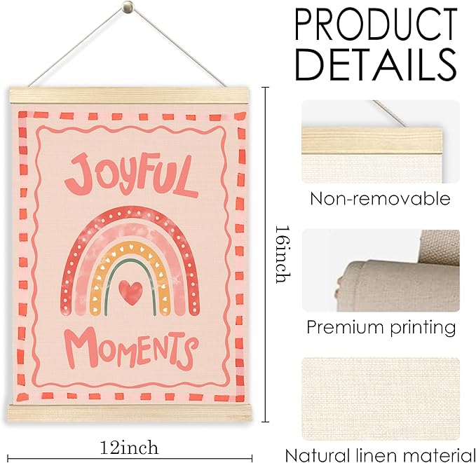 BESERH Pink Boho Rainbow Nursery Wall Art Posters, Kids Room Wall Decor, Girly Pink Joyful Moments Canvas Prints Artwork Framed for Toddler Girls Dorm Bedroom Nursery Playroom, 12x16 Inch