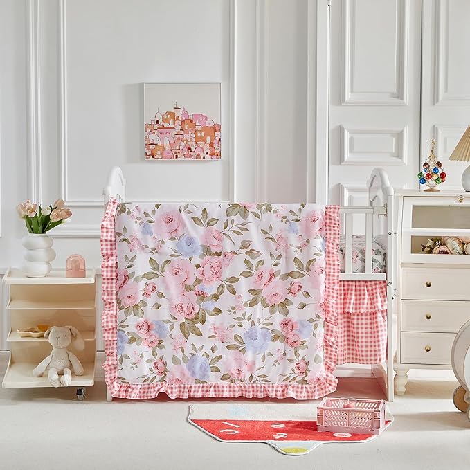 3 Pieces Flowers Crib Bedding Set Baby Ruffled Quilted Comforter with Fitted Sheet and Bed Skirt - Cute Ruffled Shabby Chic Baby Bedding Soft Blanket Floral Design