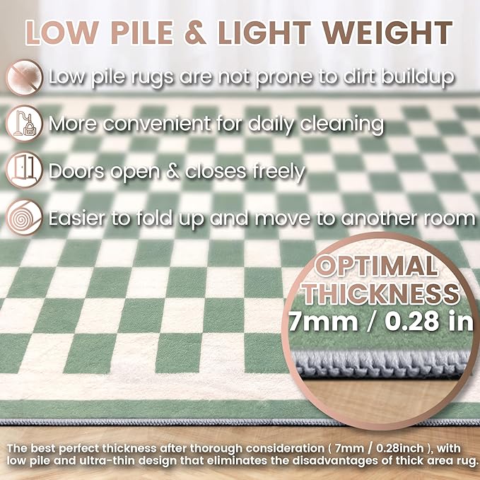 Washable 3x5 Checkered Area Rug, Sage Green Checkerboard Modern Foldable Small Rugs, Ultra-Thin Low Pile Nonslip Indoor Doorway Doormat Carpet Mat for Office Dorm Kitchen Bathroom Entryway Front Door