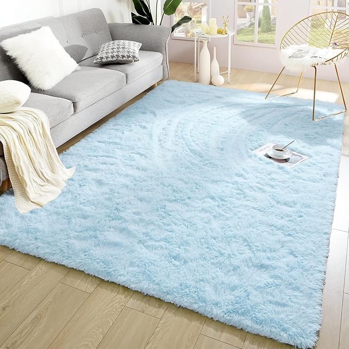 Merelax Soft Modern Indoor Large Shaggy Rug for Livingroom Bedroom Dorm Kids Room Home Decorative, Non-Slip Plush Fluffy Furry Fur Area Rugs Comfy Nursery Accent Floor Carpet 8x10 Feet, Baby Blue