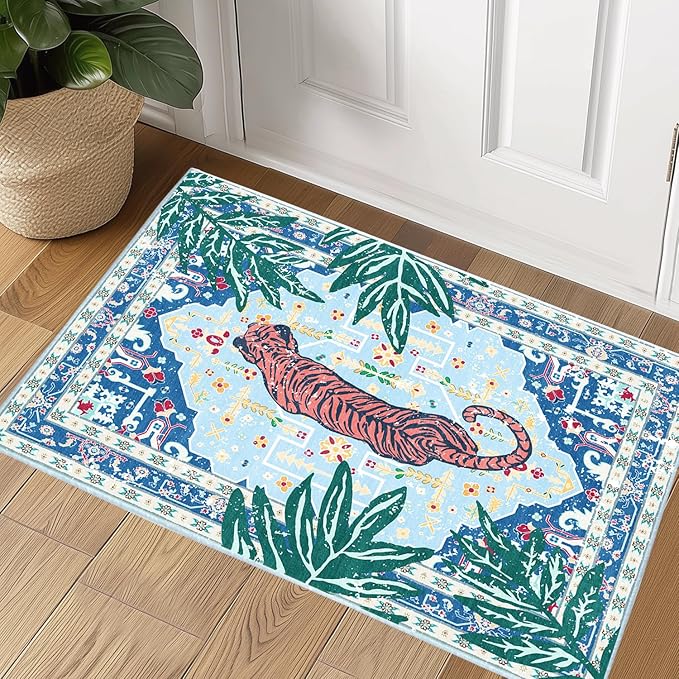 2x3 Washable Non-Slip Blue Tiger Rug for Bathroom Kitchen Entryway Whimsical Animal Cheetah Print Jungle Rug Boho Vintage Soft Cozy Tropical Woodland Small Carpet for Hallway Laundry Room