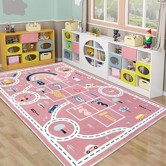 Kids Play Mat Hopscotch Car Area Rug 5x8Ft Extra Large for Girls Bedroom Soft Classroom Educational Learning Children Preschool Car Road Boys Gift, Pink