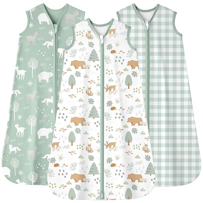 Baby Sleep Sack 0-6 months, 100% Cotton Sleeping Sack for Newborn and Infant, 3 Pack Baby Wearable Blanket, 0.5 Tog Lightweight Double Zipper Sleep Bag Small Green Forest Bear