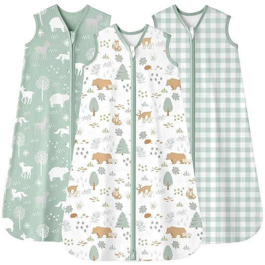 Baby Sleep Sack 12-18 months, 100% Cotton Sleeping Sack for Toddler, 3 Pack Baby Wearable Blanket, 0.5 Tog Lightweight Double Zipper Sleep Bag Large Green Forest Bear