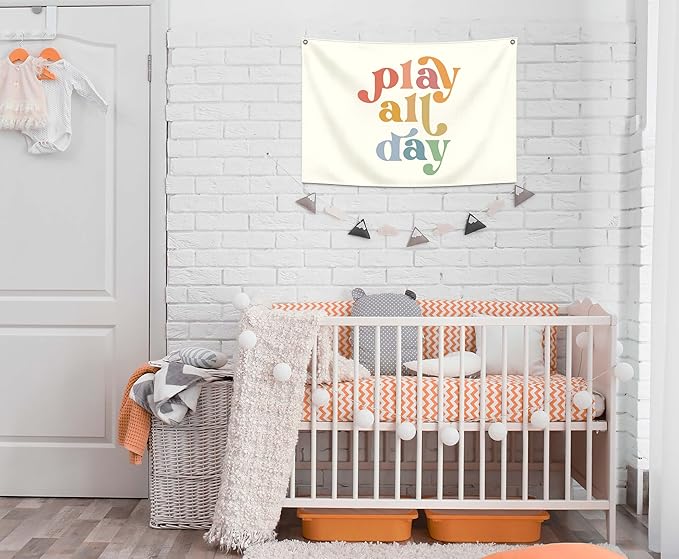 Playroom Boho Rectangular Banner Flag Pennant Wall Art Decor Gift for Baby Boy Girl Kids,Playroom Nursery Bedroom Homeschool Decor-Play All Day-Baby Present Shower,Birthday Christmas Gift