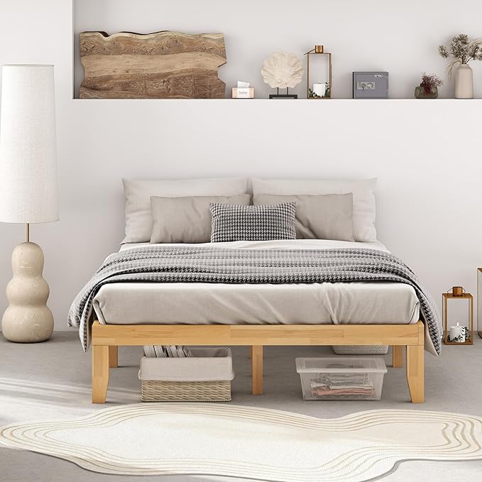 KOMFOTT 14 Inches Wood Platform Bed Frame Queen Size, Wooden Mattress Foundation with Rubber Wood Frame, Strong Wooden Slats Support, No Box Spring Needed, Bed Frame (Natural)