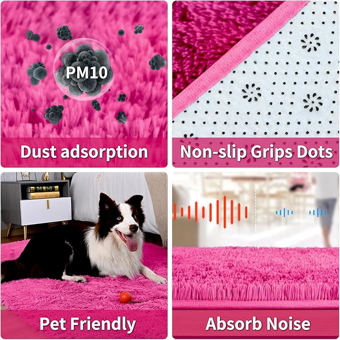 Merelax Soft Modern Indoor Large Shaggy Rug for Livingroom Bedroom Dorm Kids Room Home Decorative, Non-Slip Plush Fluffy Furry Fur Area Rugs Comfy Nursery Accent Floor Carpet 6 X 9 Feet, Hot Pink