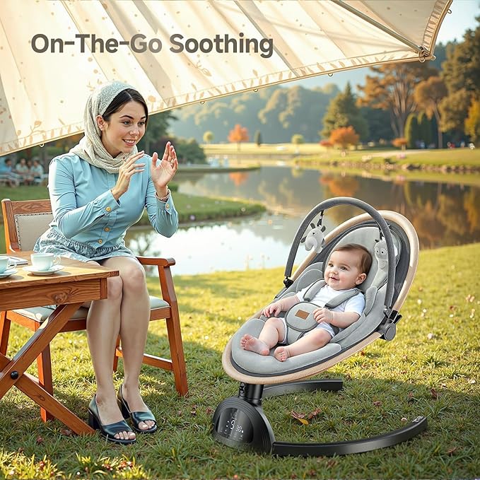 Electric Baby Swings for Infants, Infant Swing with Music Speaker, 3 Seat Positions, 5 Speeds and Remote Control for Newborn Boy Girl, Indoor & Outdoor Use, Black