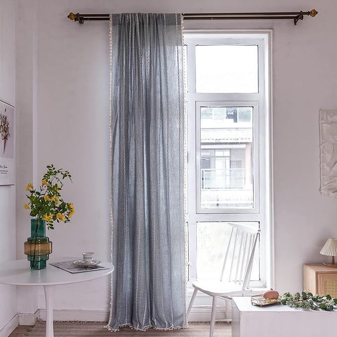 Deeprove Boho Curtains 84 Inches Long for Bedroom Living Room Kitchen, Cotton Linen Striped Embroidery Semi Blackout Bohemian Window Treatment Drape Handmade Tassels 1 Panel W52 x L84 Greyish -Blue
