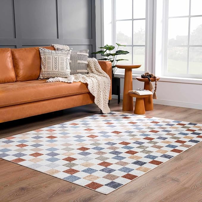 BoutiqueRugs Alia Colorful Modern Checkered Area Rug - Contemporary Geometric Carpet for Hallway, Nursery, Girls Boys Room - Machine Washable - White, Blue, Peach, Rust - 6'7" x 9' (6x9)