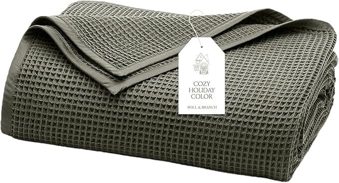 BOLL & BRANCH Waffle Bed Blanket - Full/Queen, Juniper - Luxury 100% Organic Cotton - Soft, Lightweight and Breathable - Textured Waffle Weave