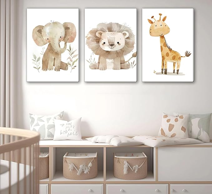 UNDDISINS 3 Pcs Animal Nursery Canvas Wall Art Watercolor Baby Animals Painting Picture Wall DecorCute Elephant Giraffe Lion Nursery Paintings Artwork for Kids Room Baby Girl Room Home Decoration
