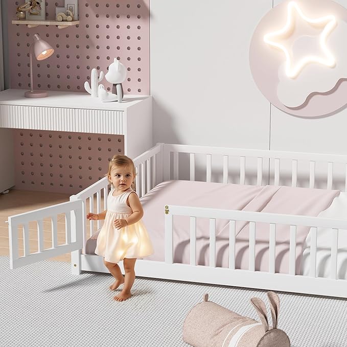 i-POOK Full Size Floor Bed for Children, Solid Wood Montessori Bed Frame with Fence & Door Montessori Floor Bed with Safety Guardrails for Girls and Boys, White (with Bed Slats)