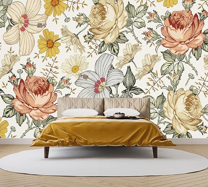 Vintage Floral Wallpaper Pink and Yellow Peony Flower Wall Mural for Living Room Bedroom（Not Peel and Stick）