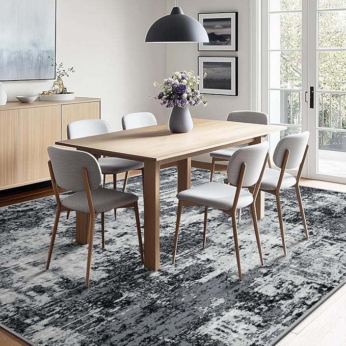 Washable Area Rugs 5'x8' Non-Slip Modern Abstract Soft for Living Room Entryway Bedroom Nursery, Print Pattern, Black Gray