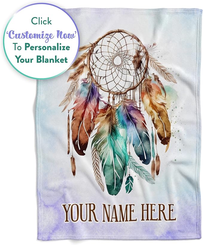 Personalized Dream Catcher Blanket with Colorful Boho Feather Graphic, Cute Custom Name Throw for Kids or Adults, Soft and Plush, Birthday Gift for Women or Men, Big Colorful (Sherpa 60x80)