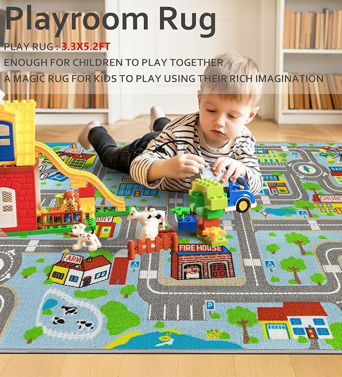 Kids Carpet Playmat Rug 5'2''x3'3'', Kids Rugs for Bedroom, Non-Slip Town City Road Map Car Rugs for Kids Toy Cars, Track Carpet Play Rug for Playroom Classroom Decor (Sky Blue)