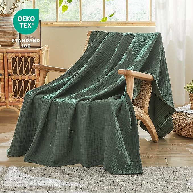 EMME Cotton Muslin Twin XL Blanket Breathable Gauze Blanket Soft Lightweight Blankets Adults Gifts for Women (Forest Green, 66"x90")