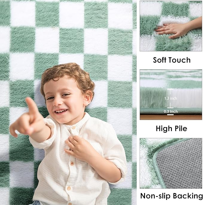 KICMOR Fluffy Sage Green and White Rugs Living Room Carpet, 5x7 Large Fuzzy Checkered Shag Area Rug for Bedroom Aesthetic, Furry Soft Plush Shaggy Rug for Nursery Kids Girls Boys Room Home Decor