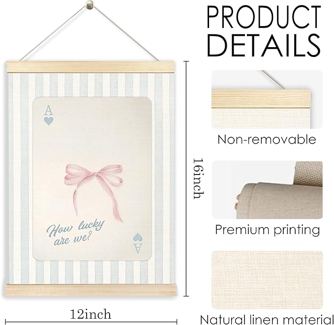 BESERH Coquette Pink Bow How Lucky Are We Wall Art Posters, Coquette Room Wall Decor, Preppy Blue Striped Trendy Playing Card Canvas Prints Artwork Framed for Girls Bedroom Dorm Apartment, 12x16 Inch