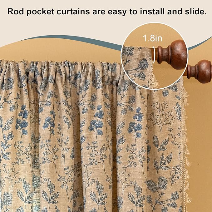 OYX Blue Floral Light Filtering Boho Curtains 84 Inch Long 2Panels For Living Room, Country Farmhouse Rustic Vintage French Drapes, Flower Printed Rod Pocket Privacy Decor Drapes For Bedroom Aesthetic
