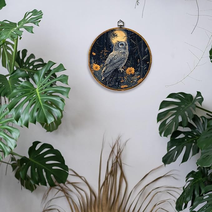 Hiuwevt Moonlight Floral Owl Round Wall Art Decor, Dark Academia Cottagecore Framed Canvas Prints, Whimsical Gothic Owl Round Wall Hanging Decor for Office Home Room Decorations, 10x10 Inches