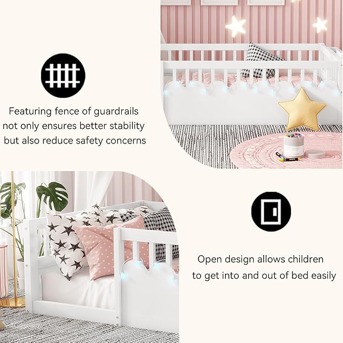 Twin Toddler Floor Bed with High Rails, Wooden Montessori Bed Frame with Light and Storage Shelf, Twin Size Bed Frame for Kids, Boys and Girls, White