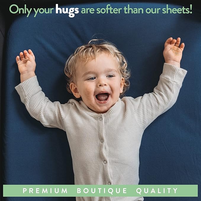 Pack and Play Sheets Fitted – Compatible with Graco Pack n Play Playard Crib and Other 27 x 39 Inch Playpen Mattress – Snuggly Soft 100% Jersey Cotton – Dusty Blue + Navy – 2 Pack