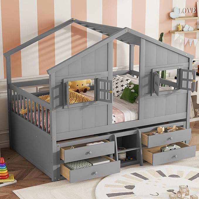 Harper & Bright Designs Full Size House Loft Bed with 4 Storage Drawers, Low House Montessori Bed with Roof and Windows, Safety Guardrails for Kids, Girls, Boys, Grey