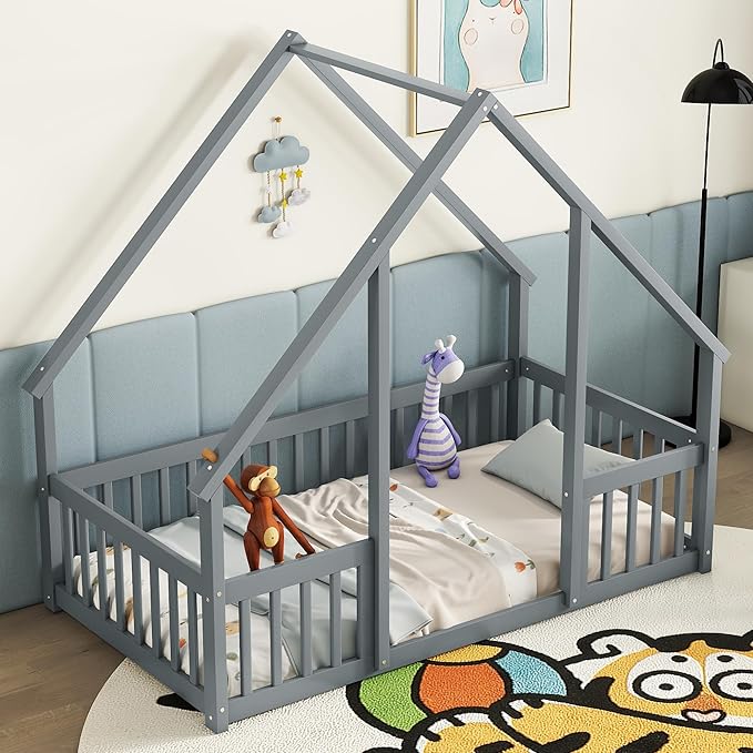 Bellemave Twin Floor Bed for Kids, Girls, Boys, Wood House Bed Frame, House Floor Bed, Twin Size Montessori Floor Bed with Fence, Playhouse, Gray