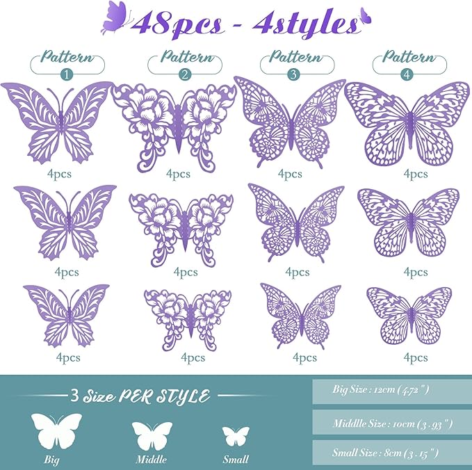 3D Butterfly Wall Decor 3 Sizes 4 Styles Butterfly Party Decorations Cake Decorations Removable Stickers Wall Decor Room Mural Metallic Kids (Purple, 48Pcs)