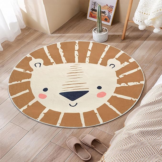 ABREEZE Kids Play Rug 2.6ft, Lion Round Area Rug, Nursery Door Mat, Soft Plush Non-Slip Children's Carpet for Bedroom, Living Room, Playroom