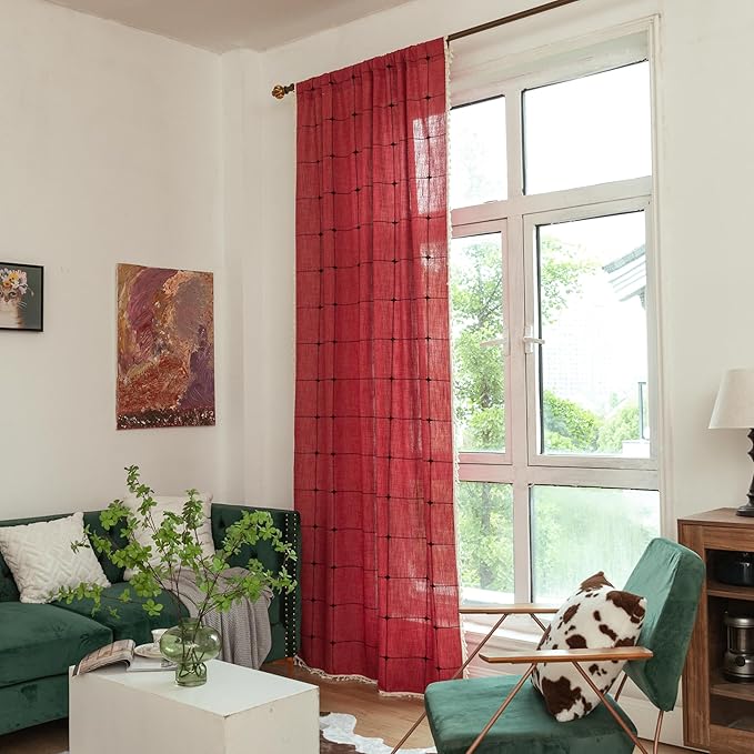 Deeprove Red Boho Curtains for Bedroom 84 Inches Long, Burgundy Checkered Bohemian Chic Textured Embroidery Plaids, Vintage Handmade Tassels Country Xmas Christmas Decor Drapery, 1 Panel W52 x L84