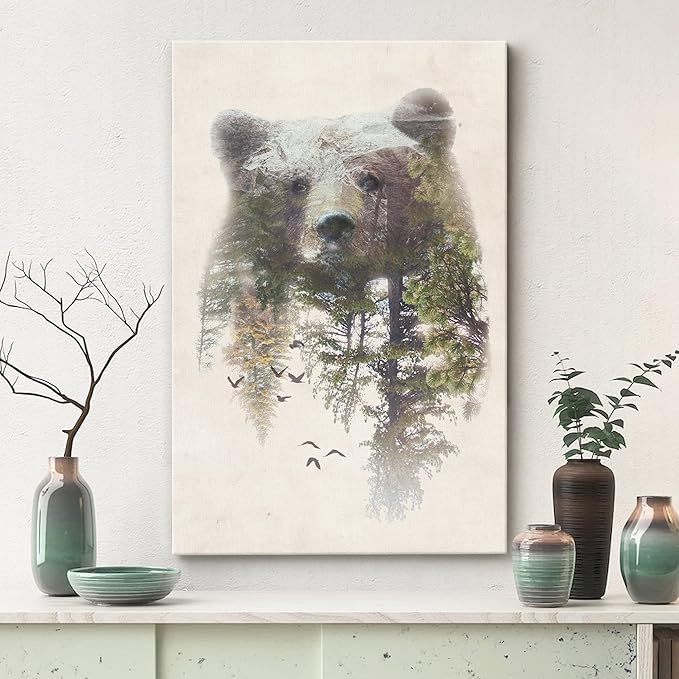 SIGNWIN Canvas Wall Art Bear and Spring Forest Double Exposure Photography Animals Wildlife Digital Art Modern Art Rustic Portrait Edgy for Living Room, Bedroom, Office - 16x24 inches