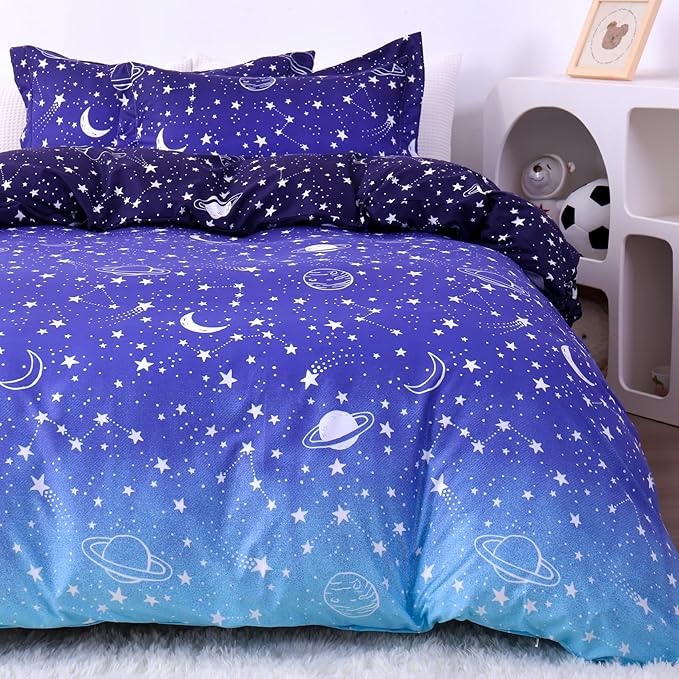 JSD Blue Stars Kids Duvet Cover Set Queen Size, 3 Piece Boys Space Theme Microfiber Comforter Cover with Pillow Shams Zipper Closure, Comforter Not Included