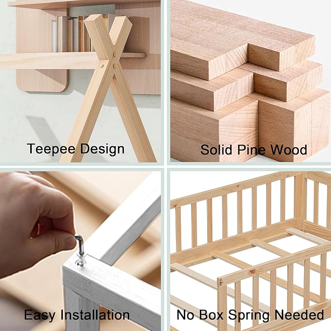 Twin House Bed Frame with Fence Rails and Door,Wood Montessori Floor Bed with Slats Support,Teepee Tent Beds Kids Bed Frames for Girls Boys, Natural