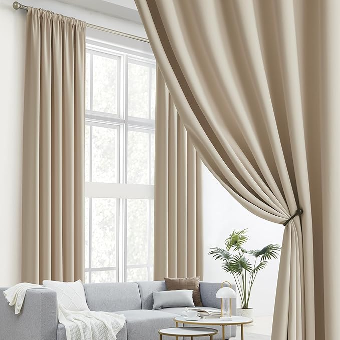 DUALIFE Warm Taupe Curtain 96 Inches Long for Bedroom/Living Room Thermal Insulated Blackout Back Tab and Rod Pocket Dining Room Curtains Drapes 2 Panels - Taupe Tan,W52 x L96