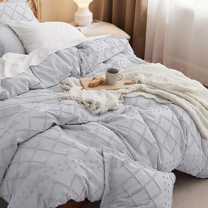Bedsure Boho Duvet Cover Queen Size - Light Grey Breathable & Soft Boho Bedding, Machine Washable Comforter Cover for All Seasons, Includes 1 Duvet Cover 90"x90" with 2 Pillow Shams & Zipper Closure