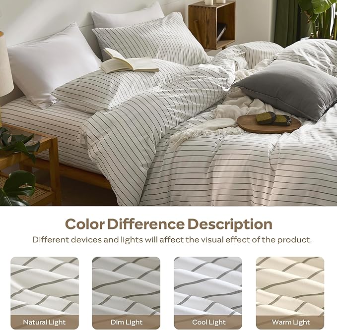 JELLYMONI Striped Duvet Cover Set - Twin Size 100% Cotton - 2PCS White & Grey Vertical Stripes Bedding - Hidden Zipper Closure & 8 Corner Ties - Breathable Comforter Cover for Bedroom